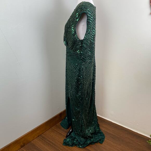 Mac Duggal Forest Green Cap Sleeve Sequined Evening Gown Size 16 $598 5441 - Picture 8 of 15